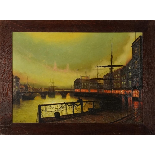 359 - Liverpool dockyard with buildings, oil on board, framed, 76cm x 53cm excluding the frame