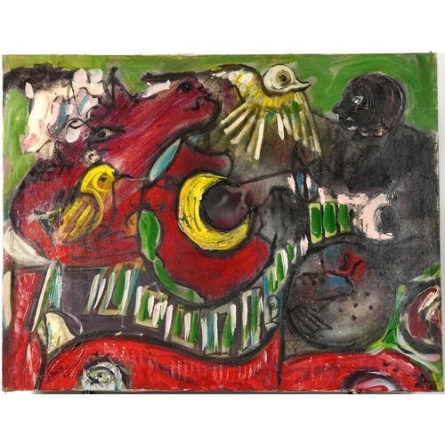 379 - Abstract composition, figures and birds, oil on canvas, unframed, 89cm x 69cm