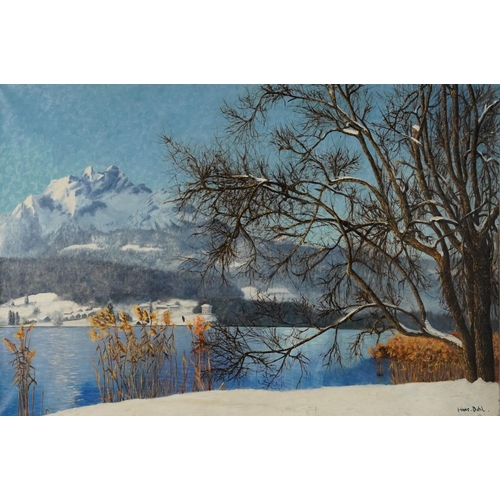 271 - Manner of Hans Dahl - Mountainous winter landscape with lake, oil on canvas, unframed, 100cm x 65cm