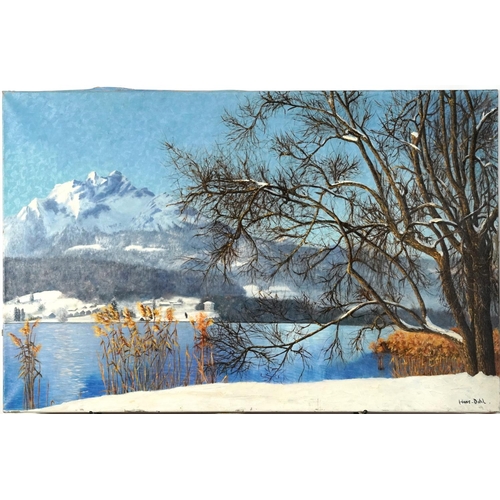 271 - Manner of Hans Dahl - Mountainous winter landscape with lake, oil on canvas, unframed, 100cm x 65cm