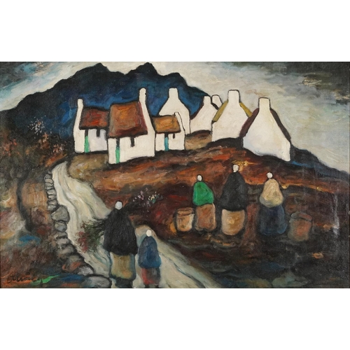 423 - Manner of Markey Robinson, figures before cottages and mountains, Irish school oil on canvas, mounte... 