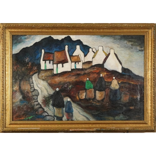 423 - Manner of Markey Robinson, figures before cottages and mountains, Irish school oil on canvas, mounte... 