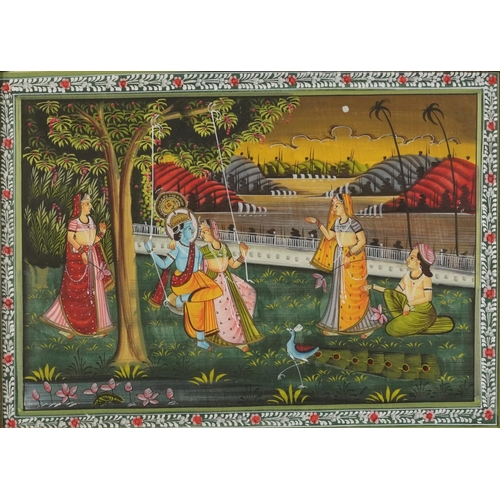 1196 - Females and attendants before landscapes, set of three Indian Mughal school watercolours, framed and... 