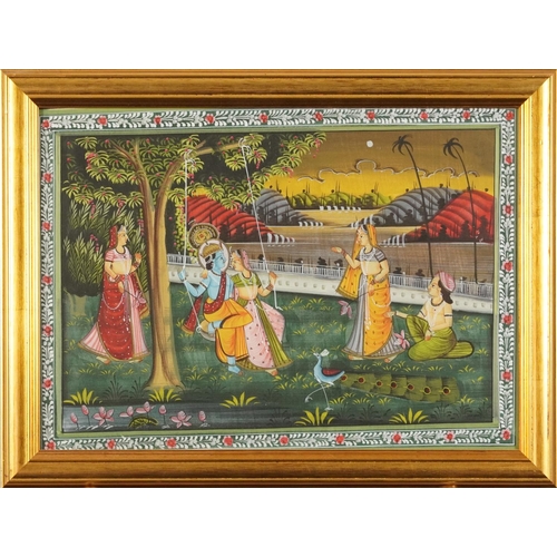 1196 - Females and attendants before landscapes, set of three Indian Mughal school watercolours, framed and... 