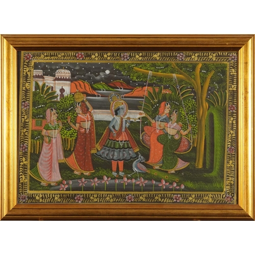 1196 - Females and attendants before landscapes, set of three Indian Mughal school watercolours, framed and... 