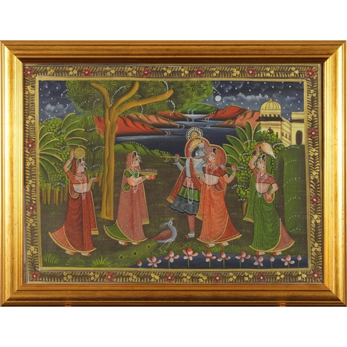 1196 - Females and attendants before landscapes, set of three Indian Mughal school watercolours, framed and... 