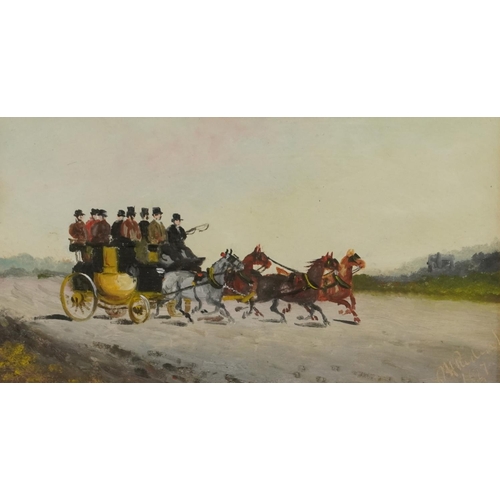 118 - Phillip Henry Rideout - Coaching scenes, pair of British oils, mounted, framed and glazed, each 21cm... 