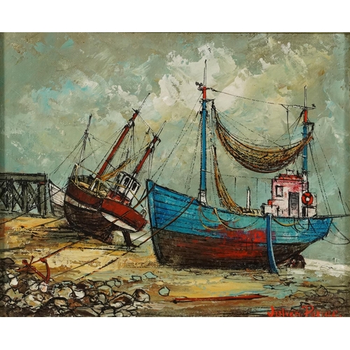 407 - Julian Porisse - Moored fishing boats before buildings, pair of oil on canvasses, each indistinctly ... 