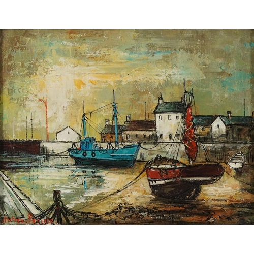 407 - Julian Porisse - Moored fishing boats before buildings, pair of oil on canvasses, each indistinctly ... 