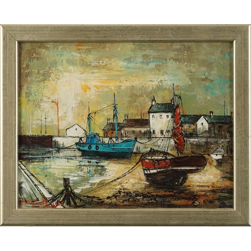 407 - Julian Porisse - Moored fishing boats before buildings, pair of oil on canvasses, each indistinctly ... 