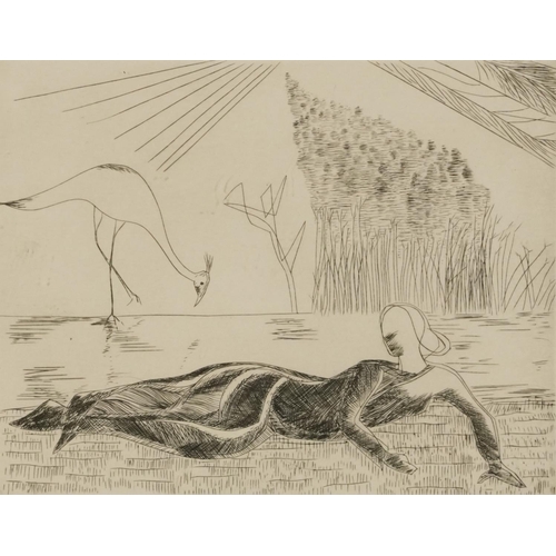 663 - Helene de Beauvoir - Surreal landscape with reclining female and bird, French pencil signed print, l... 