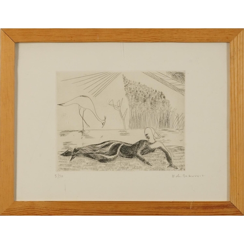 663 - Helene de Beauvoir - Surreal landscape with reclining female and bird, French pencil signed print, l... 