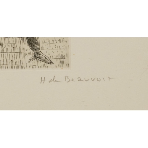 663 - Helene de Beauvoir - Surreal landscape with reclining female and bird, French pencil signed print, l... 