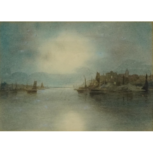 580 - Moonlit river landscape with boats, watercolour, mounted, framed and glazed, 17.5cm x 13cm excluding... 