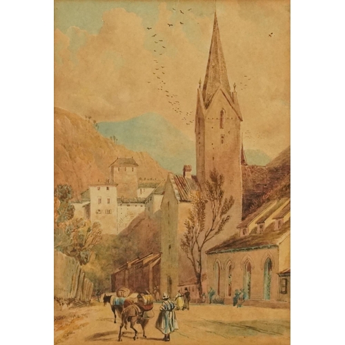 689A - Entrance to Feildskirch, possibly Switzerland, 19th century watercolour, Auckland, New Zealand label... 