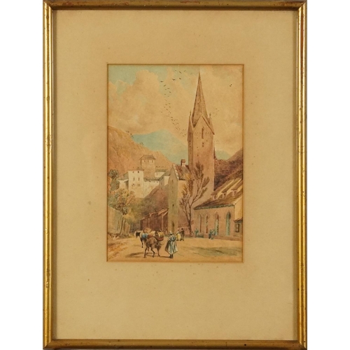 689A - Entrance to Feildskirch, possibly Switzerland, 19th century watercolour, Auckland, New Zealand label... 