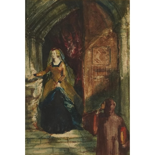 222 - Samuel Skillen - Lady in a chapel, 19th century Irish watercolour, Cynthia O'Connor & Company label ... 