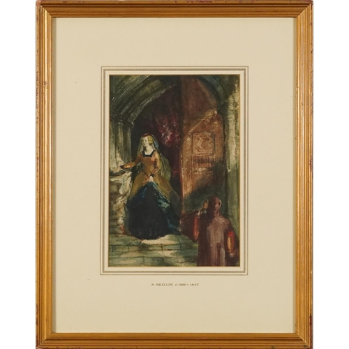 222 - Samuel Skillen - Lady in a chapel, 19th century Irish watercolour, Cynthia O'Connor & Company label ... 