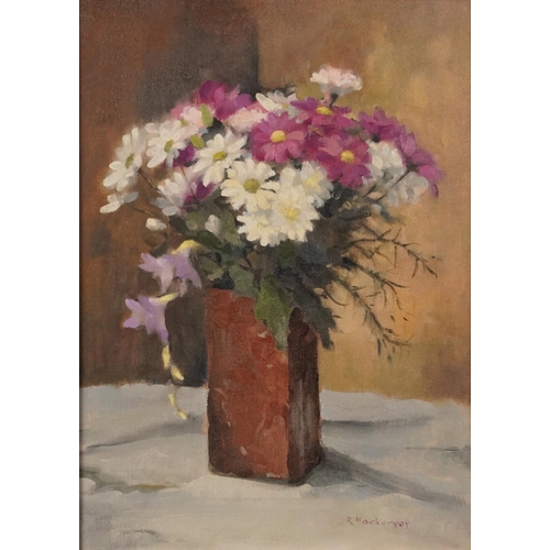 638 - Robin Mackervoy - Still life, mixed flowers, oil on canvas board, At the Mall Galleries Exhibition l... 