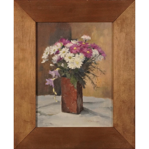 638 - Robin Mackervoy - Still life, mixed flowers, oil on canvas board, At the Mall Galleries Exhibition l... 