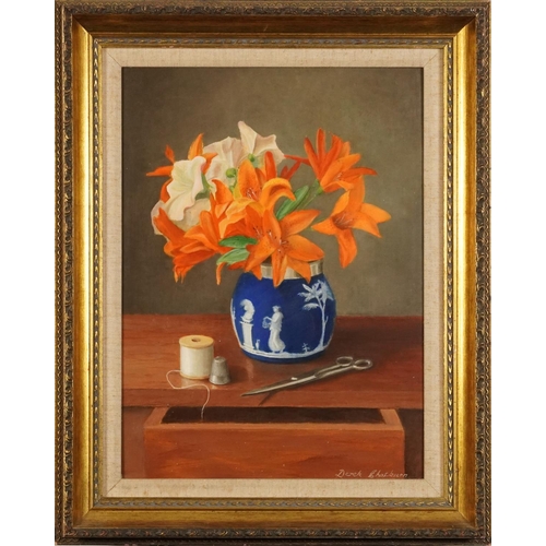 1263 - Derek Chatburn - Still life, sewing objects and gladioli in Wedgewood vase, signed oil on board, mou... 