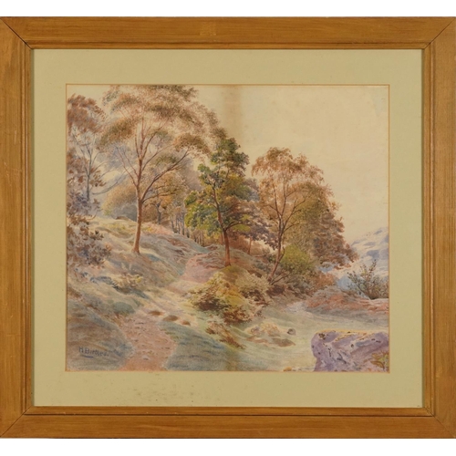 293 - Henry Birtles - Hillside woodland landscape, late 19th century signed watercolour, mounted, framed a... 