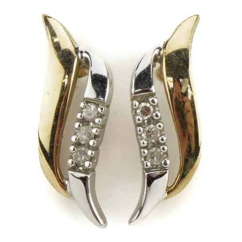 2185 - Pair of 9ct two tone gold diamond stud earrings, 1.3cm high, 1.1g