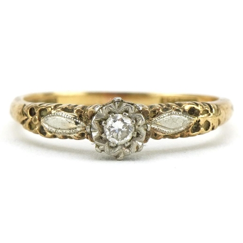 2145 - 9ct gold and platinum diamond solitaire ring with scrolled shoulders, size N/O, 1.9g