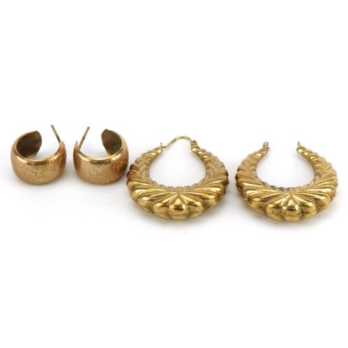 2158 - Two pairs of 9ct gold hoop earrings, the largest 3.6cm high, total 7.0g