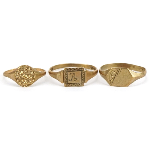 2174 - Three 9ct gold signet rings, sizes P, M and H, total 3.3g