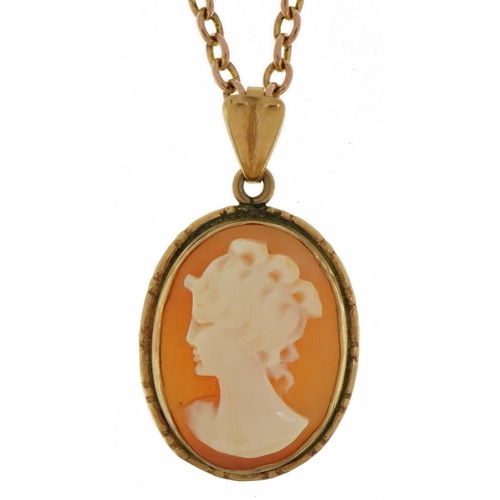 2148 - 9ct gold mounted cameo maiden head pendant on 9ct gold Belcher link necklace, 3.0cm high and 60cm in... 