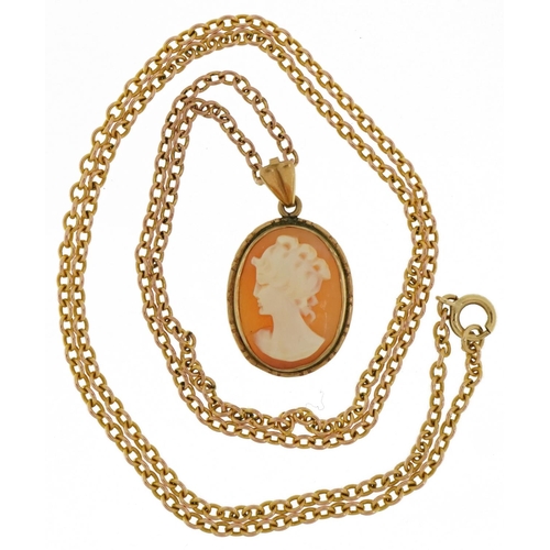 2148 - 9ct gold mounted cameo maiden head pendant on 9ct gold Belcher link necklace, 3.0cm high and 60cm in... 