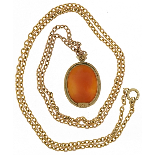 2148 - 9ct gold mounted cameo maiden head pendant on 9ct gold Belcher link necklace, 3.0cm high and 60cm in... 