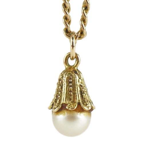 2144 - 9ct gold pearl drop pendant on 9ct gold curb link necklace, 1.7cm high and 50cm in length, total 3.4... 