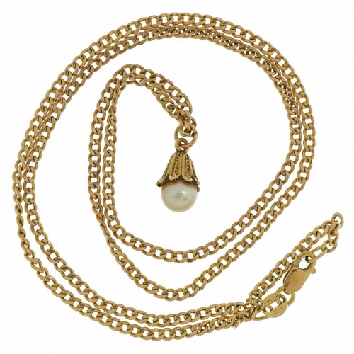 2144 - 9ct gold pearl drop pendant on 9ct gold curb link necklace, 1.7cm high and 50cm in length, total 3.4... 