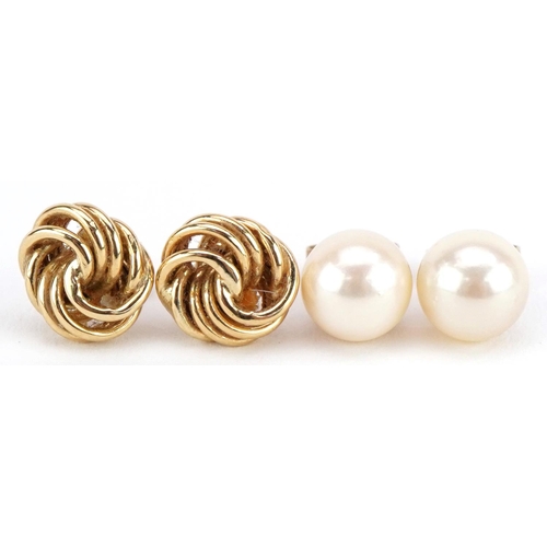 2177 - Two pairs of 9ct gold earrings comprising knot studs and pearl studs, the largest 1.0cm in diameter,... 