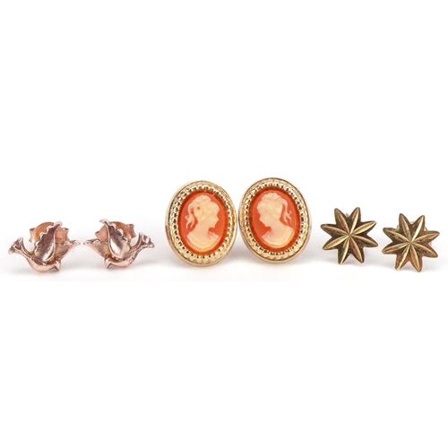 2369 - Two pairs of gold stud earrings including a cameo maiden head example and a silver gilt pair, the la... 