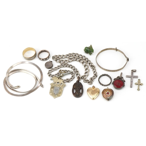 2349 - Antique and later jewellery, some silver, including bloodstone and carnelian spinner fob, 14ct gold ... 