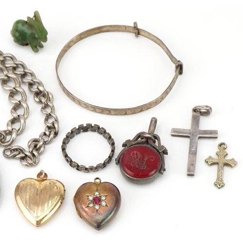 2349 - Antique and later jewellery, some silver, including bloodstone and carnelian spinner fob, 14ct gold ... 