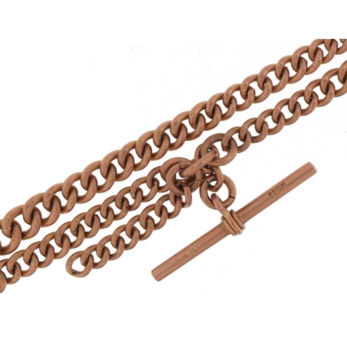 2062 - 9ct rose gold watch chain with T bar and jewellery clasps, 36cm in length, total 27.6g