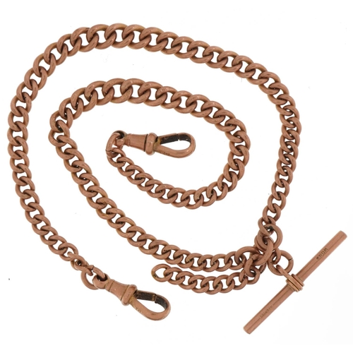 2062 - 9ct rose gold watch chain with T bar and jewellery clasps, 36cm in length, total 27.6g