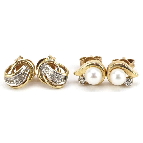 2149 - Two pairs of 9ct gold diamond stud earrings, one set with a pearl, the largest 8mm high, 2.7g