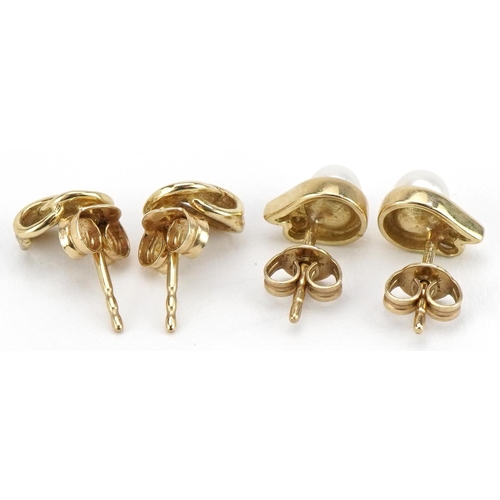 2149 - Two pairs of 9ct gold diamond stud earrings, one set with a pearl, the largest 8mm high, 2.7g