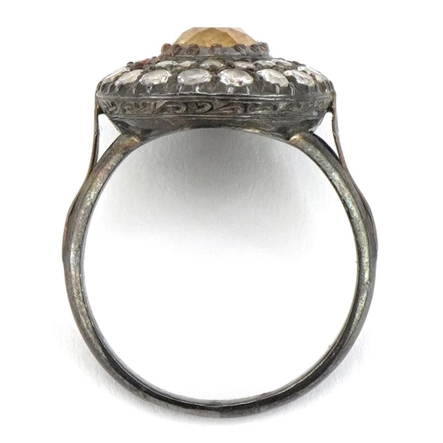 2082 - Georgian style unmarked white metal citrine and paste cluster ring, the citrine approximately 8.6mm ... 