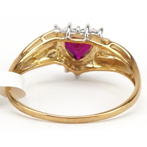 2243 - 9ct gold ruby and diamond love heart cluster ring, size U, 2.3g