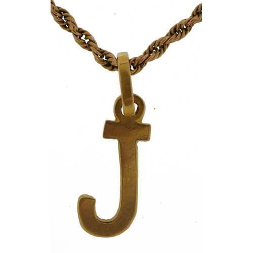 2128 - Unmarked gold initial T pendant on 9ct gold rope twist necklace, 2.3cm high, total 4.0g