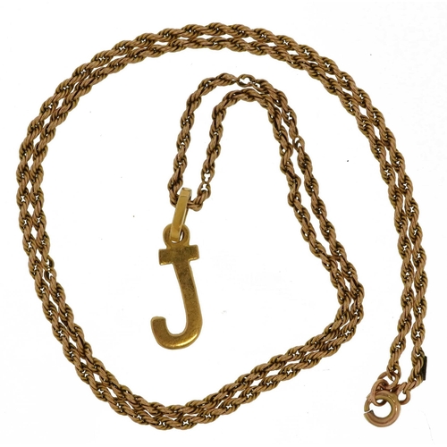 2128 - Unmarked gold initial T pendant on 9ct gold rope twist necklace, 2.3cm high, total 4.0g