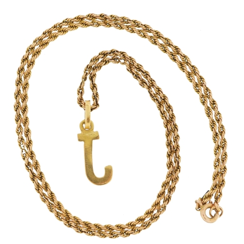 2128 - Unmarked gold initial T pendant on 9ct gold rope twist necklace, 2.3cm high, total 4.0g