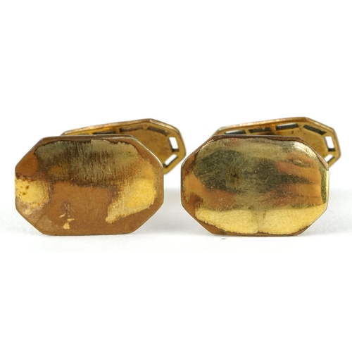 2379 - Pair of yellow metal cufflinks with pierced and engraved decoration, S&S makers mark, 1.7cm high, 5.... 