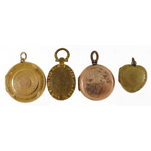 2119 - Four antique and later yellow metal lockets including a love heart example with engraved decoration,... 